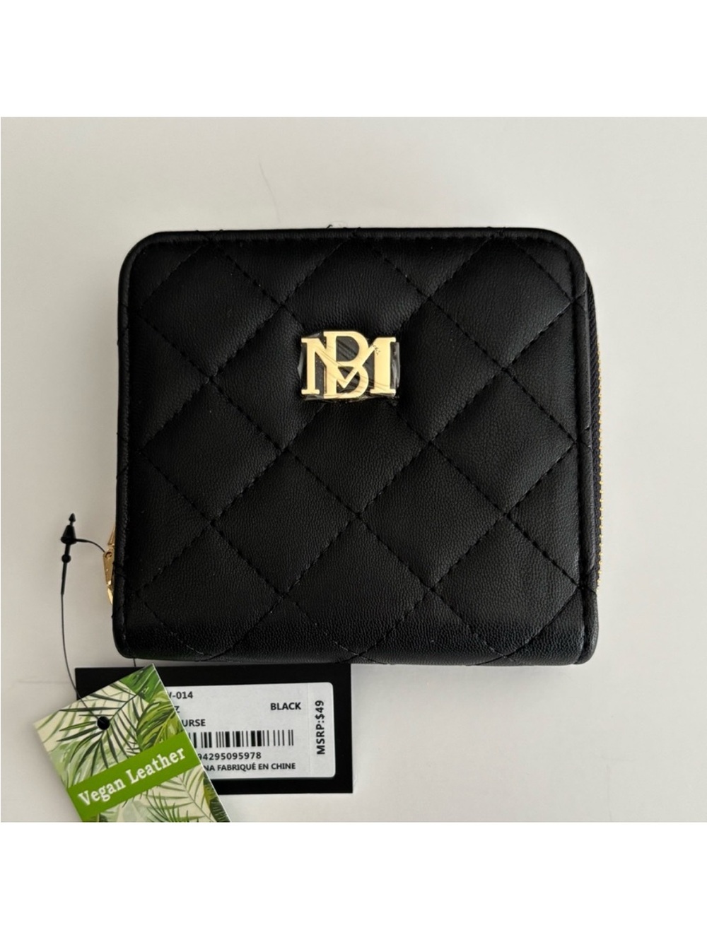Badgley Mischka Black Quilted Zip Wallet with Gold Logo